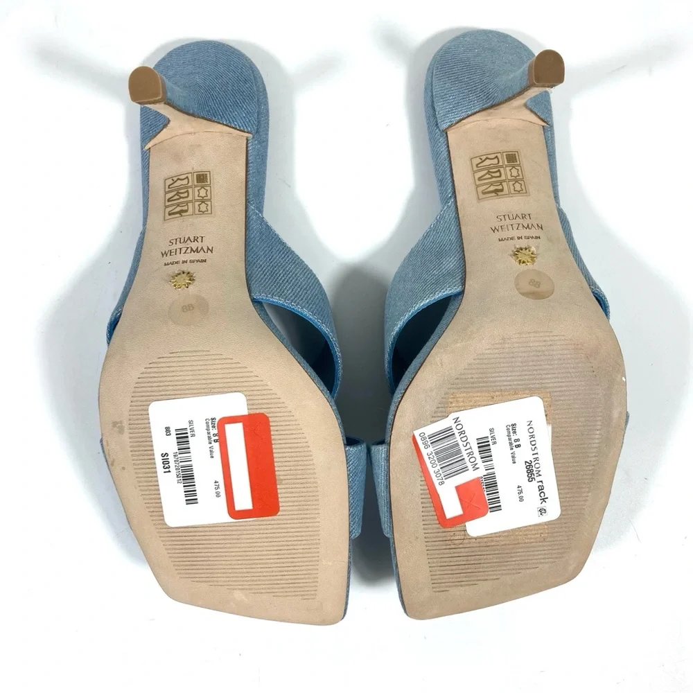 Stuart Weitzman Carmen 75 Heel Slide Sandals Blue Denim 8 NEW - Picture 7 of 17